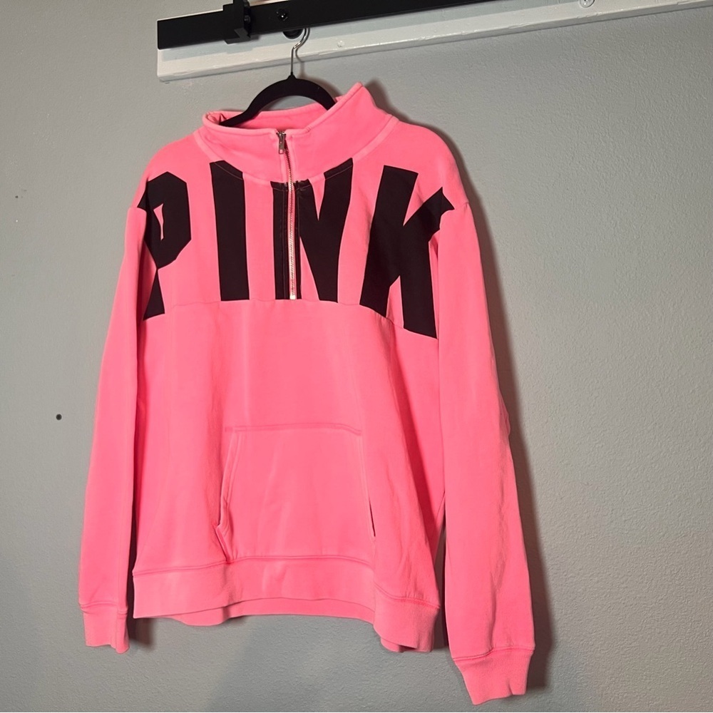 PINK Victoria's Secret 1/2 Zip Sweatshirt Size Large Pink Oversized Spellout